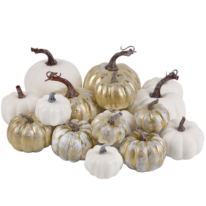 winemana 16 Pcs Golden and White Pumpkins Thanksgiving Pumpkin Decorations Assorted Sizes  Artificial Foam Harvest Autumn Decor  Fake Pumpkins Fall Decorations for Indoor Home Kitchen Table Mantle - Image 1